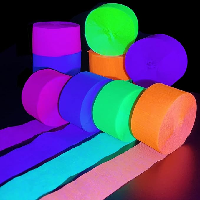 1260feet Glow in The Dark Neon Paper Streamers Blacklight Party Neon Streamer Decorations 12 Rolls Glow Crepe Paper UV Reactive Fluorescent Neon Fiesta Glow Party