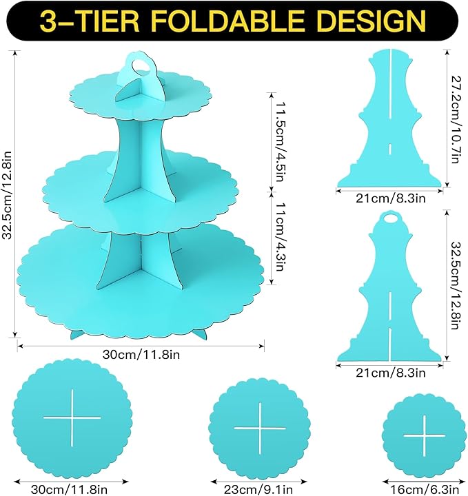 Soleebee 3-Tier Cupcake Stand, Cardboard Cupcake Tower, Dessert Cup Cake Stand Tower for Birthday Wedding Party Decoration, Cupcake Tier Stand 1 Set (Blue)