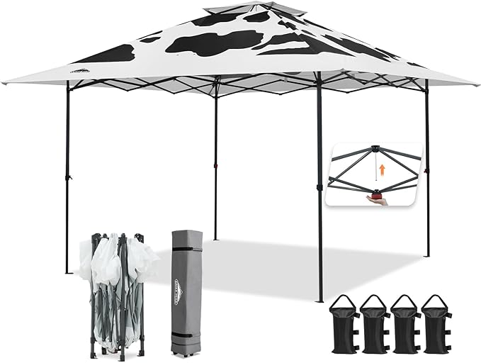 EAGLE PEAK 13x13 Straight Leg Pop Up Canopy Tent Instant Outdoor Canopy Easy Single Person Set up Folding Shelter w/Auto Extending Eaves 169 Square Feet of Shade (Cow Print)