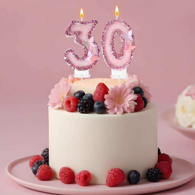 30Th Birthday Candles，Glitter Butterfly Cake Toppers Pink Sequins Wedding Numeral Cupcake Decorations，Suitable for Girl and Boy Wedding Cakes, Party Celebrations, Birthday Decorations (30)