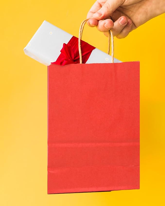 qiqee 24 Pcs Red Mini Paper Gift Bags with Handles 6"x4.5"x2.5" Small Brown Kraft Party Favor Bags Treat Bags Multiple Uses (Mini size)