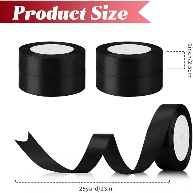 4pcs Black Ribbon 1 Inch X 100 Yards Black Satin Ribbon Thick Halloween Ribbons Wrapping Ribbon for Holiday Party Cake Decor Homecoming Wreath Bows Baby Shower Presents Hat