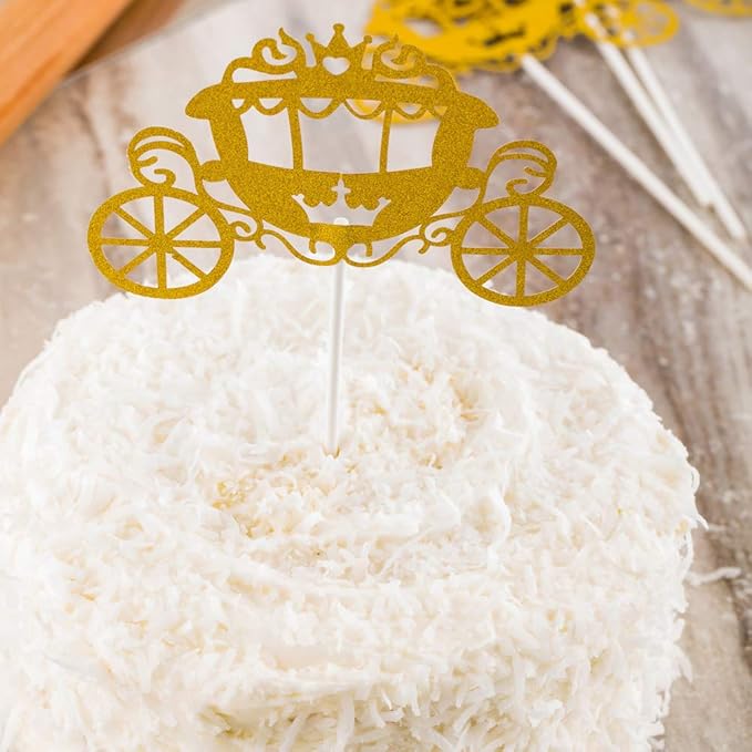 Restaurantware Top Cake 8 X 3.8 Inch Cake Toppers 10 Cinderella Carriage Cake Topper Inserts - Durable With Glitter Detail Gold Paper Cake Decoration Birthday Baby Shower Supplies