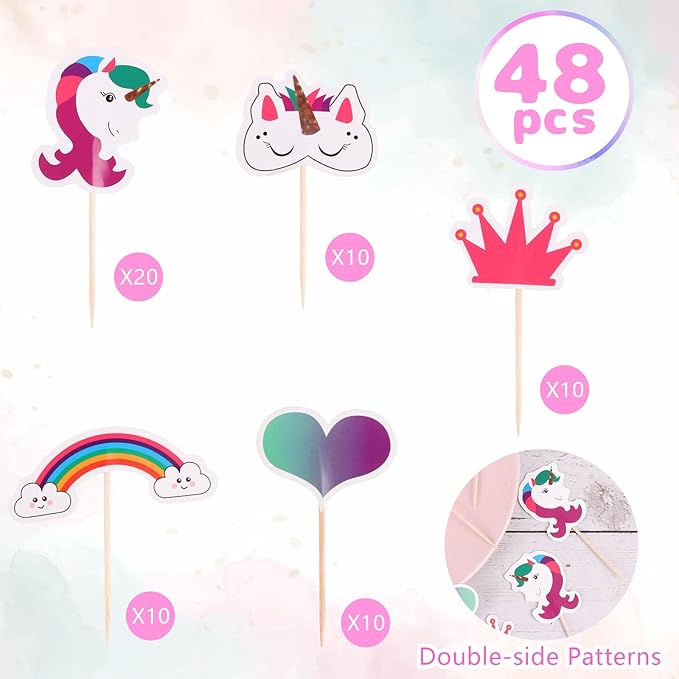 CCINEE 48pcs Rainbow Unicorn Cupcake Toppers Picks Double-Sided Paper Unicorn Cake Toppers for Birthday Party Dessert Decoration