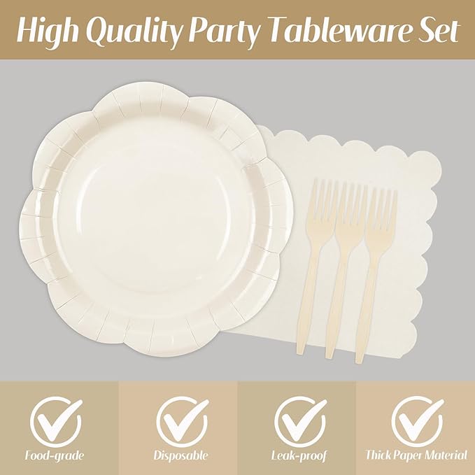75 PCS Ivory Paper Plates and Napkins Party Supplies, Cream Scalloped Plates Napkins Forks Disposable Tableware Set for Bridal Baby Shower Wedding Birthday Party Decorations (Ivory)