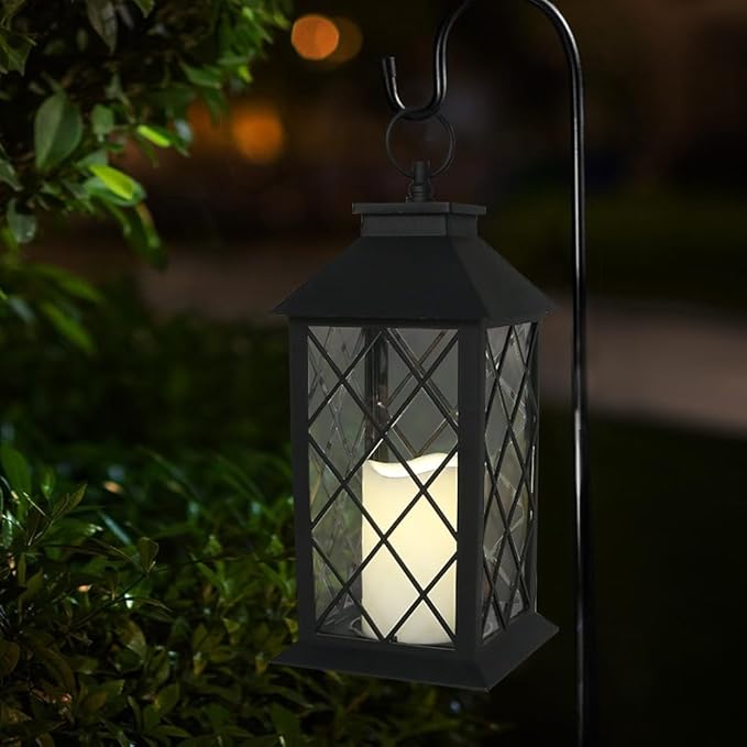 2-Pack 13.5" Vintage Candle Lantern with LED Pillar Light (Black, 6hr Timer) - IP44 Waterproof Battery Powered Decorative Light - Outdoor Hanging Lantern Decorative Indoor Candle Holder