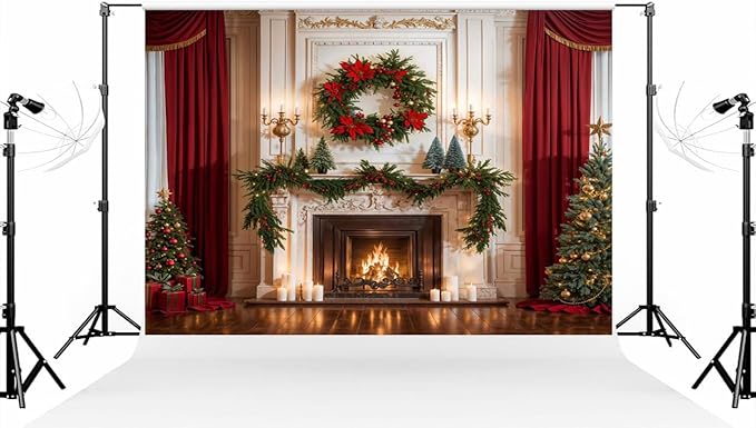 Kate 88ft Christmas Tree Photo Backdrop with Fireplace, Wreath, Red Curtains - 2.52.5m Photography Background for Christmas Photographer Studio Props