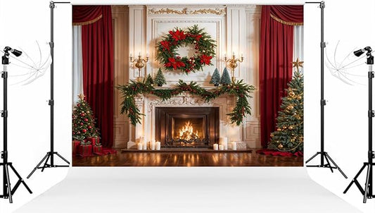 Kate 88ft Christmas Tree Photo Backdrop with Fireplace, Wreath, Red Curtains - 2.52.5m Photography Background for Christmas Photographer Studio Props