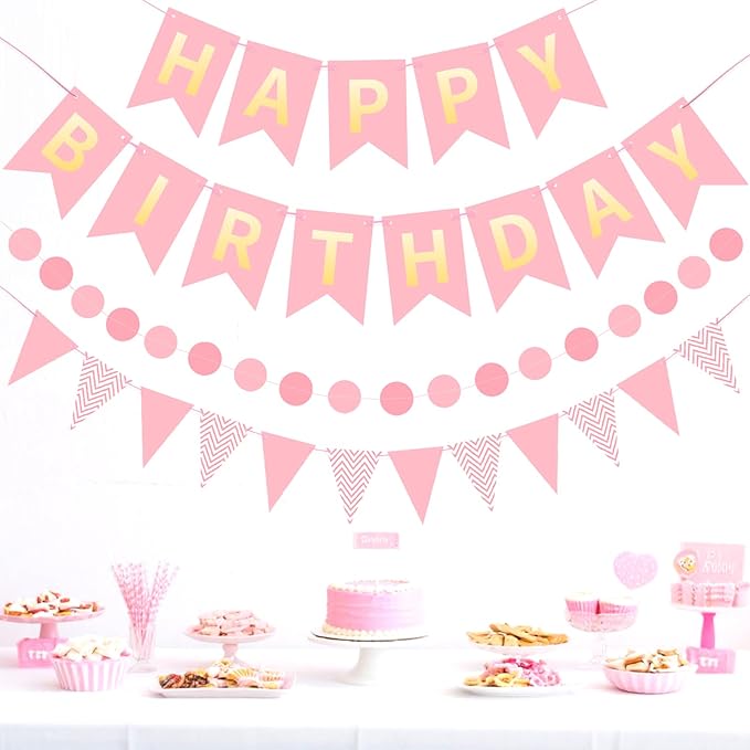 Pink Gold Happy Birthday Banner, Happy Birthday Decorations Hanging Birthday Sign Circle Dot Triangle Bunting for Women Men Girl Boy Party Supplies