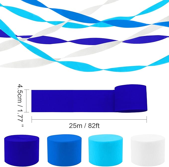 PheiLa Blue Party Decorations, 4 Rolls Blue and White Paper Party Streamers for Birthday Party Wedding Baby Bridal Shower Decoration, 1.77 Inch x 82 Ft/Roll, 328ft