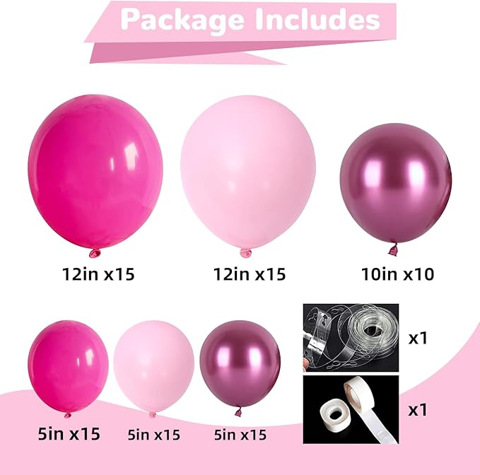 HILAVO Balloon Arch Kit - Hot Pink, Baby Pink, Metallic Party Helium Balloons Garland With Pastel Light, Dark Magenta, Latex Balloons for Girls Wedding, Baby Shower, Princess Birthday Party Decor