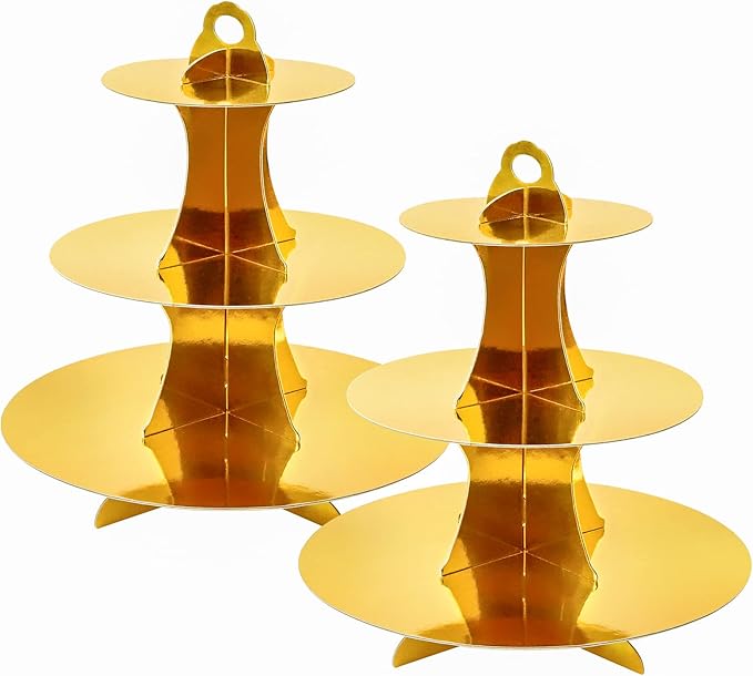Soleebee 3-Tier Round Cupcake Stand, Cardboard Cupcake Tower, Dessert Cup Cake Stand Tower for Birthday Wedding Party Decoration, Cupcake Tier Stand 2 Set (Gold)