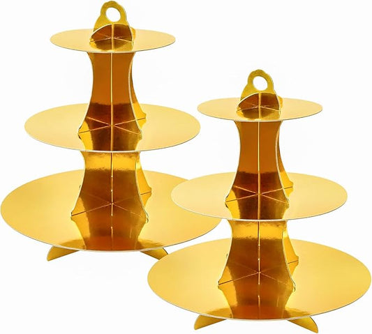 Soleebee 3-Tier Round Cupcake Stand, Cardboard Cupcake Tower, Dessert Cup Cake Stand Tower for Birthday Wedding Party Decoration, Cupcake Tier Stand 2 Set (Gold)