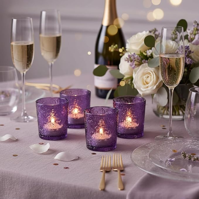 6 Pack Hummingbird Embossed Glass Candle Holders – Votive Tealight Holders with Patent Design, Decorative Embossed Glass Cups for Wedding Centerpieces, Parties, and Home Décor (Amethyst Bloom)