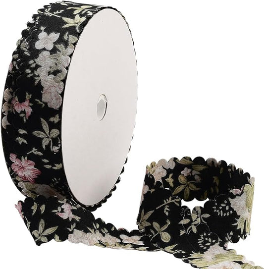 20 Yards Floral Print Ribbon Black Flower Pattern Ribbon Polyester Vintage Spring Summer Double Wavy Edge Fabric Ribbons Bulk with Spool for Sewing Making Crafts Bouquets Wreath Christmas