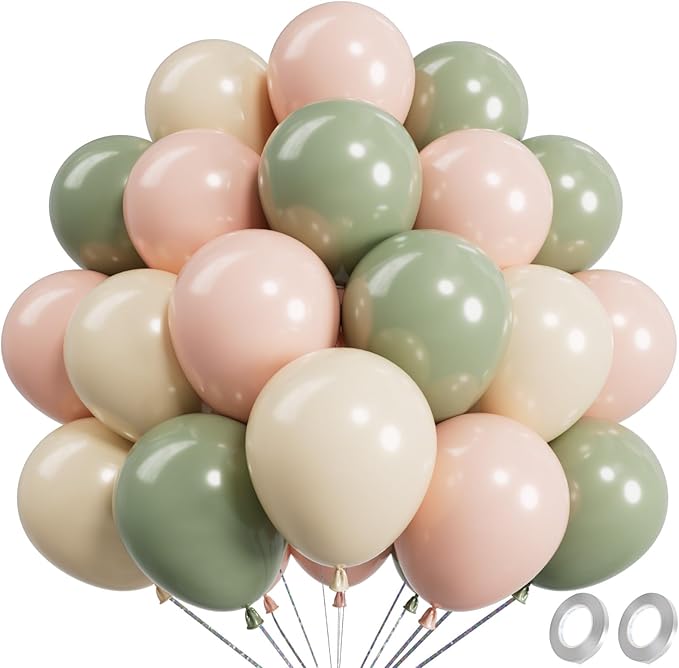 Pink and Green Balloons 12 Inch 67PCS White Sage Green Balloons Latex Helium Balloon Set for Anniversary Wedding Birthday Party Decorations