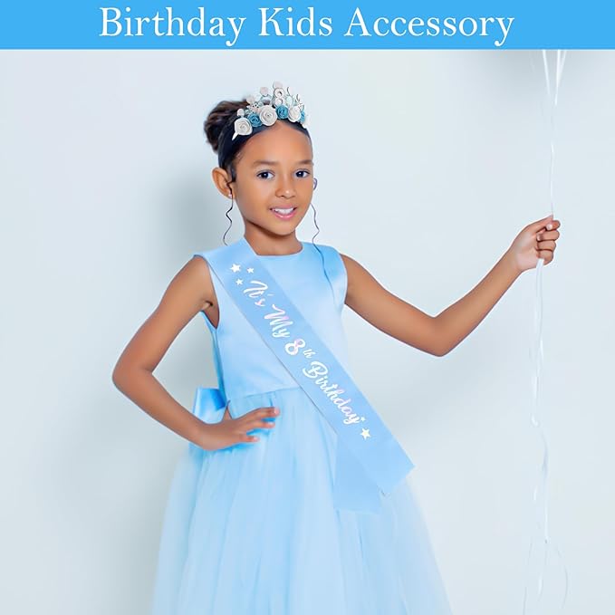 CUBACO 8th Birthday Crown Headband and Sash, 8 Year Old Girl Birthday Gifts for Blue Princess Crown, Frozen Party Decorations Favors for Girls Outfit