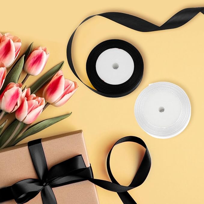 2 Rolls Black & White Ribbon - 1 Inch X 50 Yards - Silk Satin Ribbon for Bouquet, Arrangement & Halloween Decorations