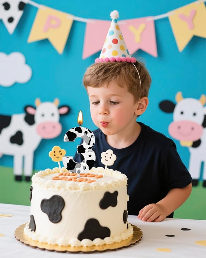 Number 3 Black Cow Birthday Candles，2.68 inch Metallic 3D Cow Birthday Candles, Cow Themed Cake Topper Decorations for Birthday Party Anniversary Celebration Supplies