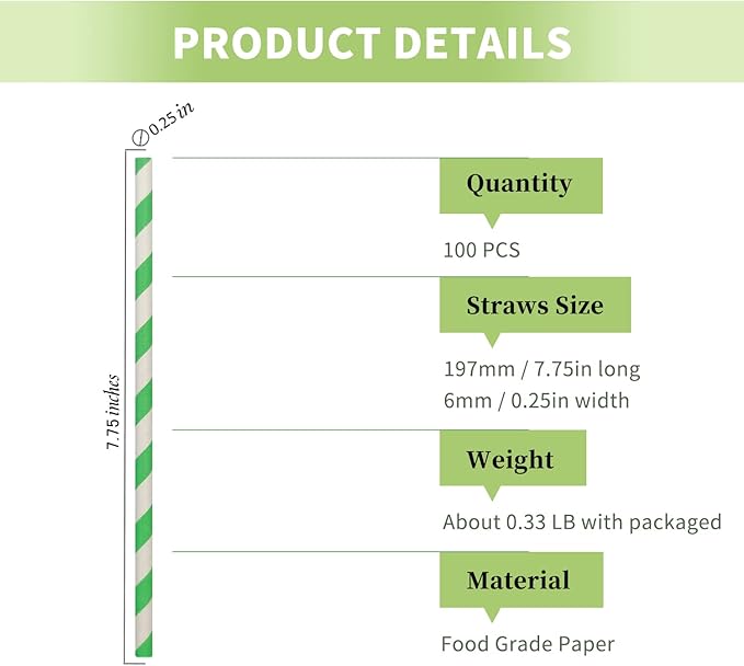 Green Stripes Paper Drinking Straws, Biodegradable Disposable Christmas Green White Striped Straws, Spring Green Straws 7.75 inch (100 of Box)