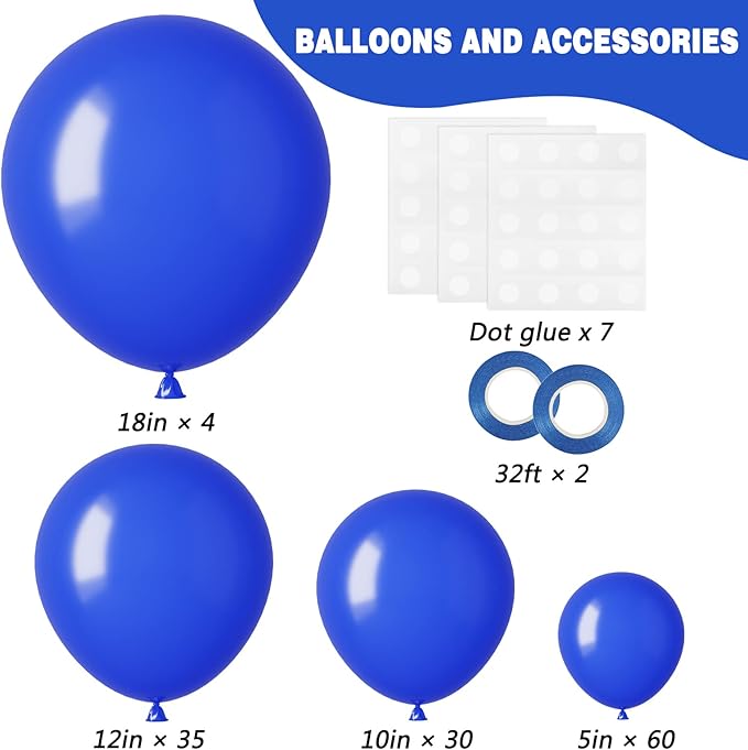 RUBFAC Royal Blue Balloons 129pcs Different Sizes 18 12 10 5 Inch, Blue Balloon Arch Kit Garland for Graduation Birthday Party Baby Shower Baseball Nautical Retirement Bachelorette Party Decoration