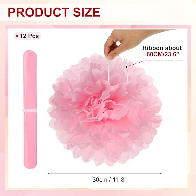 PATIKIL 12inch Tissue Paper Pom Poms, 12PCS Pom Poms Paper Flowers Ball Tissue Paper Flowers for Wedding Bridal Shower Birthday Bachelorette Party Backdrop Decoration, Pink