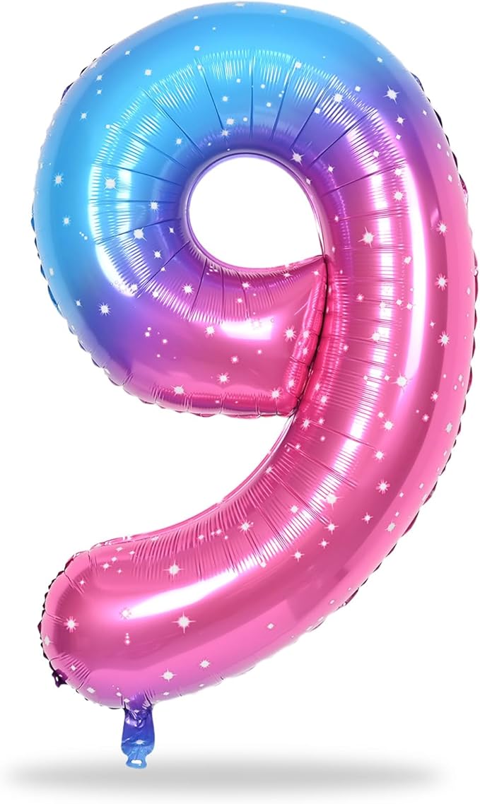 40 Inch Rainbow Gradient Balloon Number 9 Beige, Large Blue Pink Purple Foil Number Balloons Set 0-9, Starry Digital 9 Helium Balloons for Girls Women 9th Birthday Anniversary Party Decoration