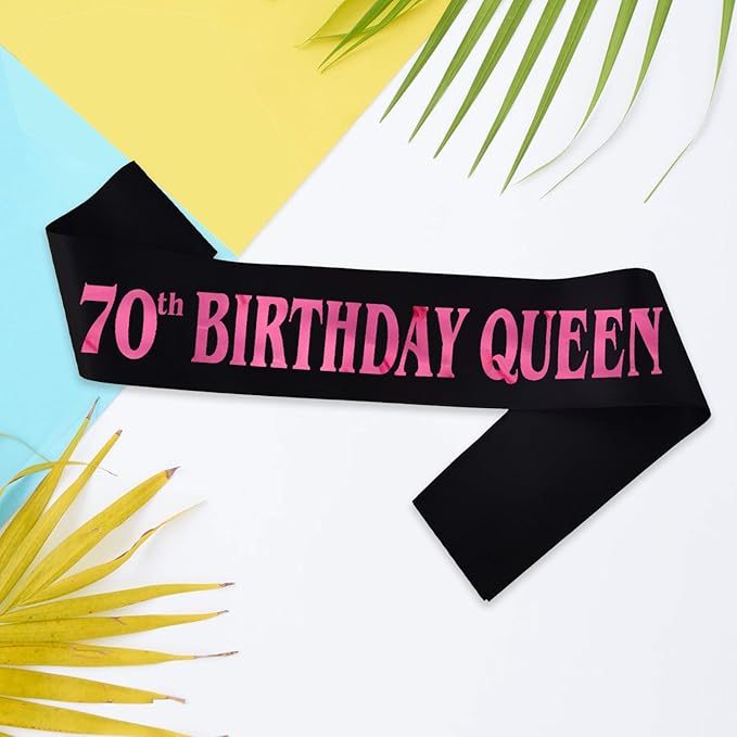 70th Birthday Queen Sash, Pink Foil Black Satin Birthday Sash for Women 70th Fabulous Birthday Party Gift Decorations Favors
