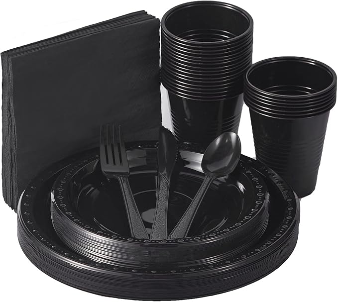 175 PCS Black Party Supplies Disposable Dinnerware Set Plastic Plates and Paper Napkins Cups Silverware Serve 25 Sets for Birthday Bridal Shower Wedding Engagement Graduation Parties
