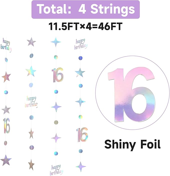 GCQQ 16 Birthday Decorations - 4 Packs Iridescent Holographic Sweet 16 Year Old Star & Circle Hanging Garlands 46FT Happy 16th Birthday Banner Streamers for Girls, Boy, Backdrop & Teen Party Décor