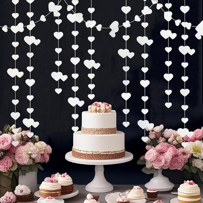 White Hanging Heart Garland Sparkling Love Streamer Glitter Bunting Banner Twinkle Heart Backdrop for Wedding Engagement Valentines Galentines Birthday Party Decor 40 Feet