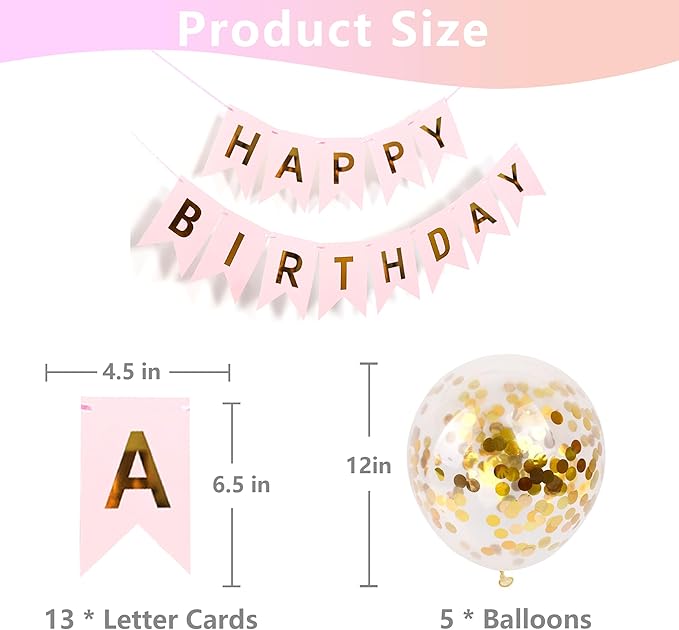 Happy Birthday Banner Sign Bunting Hanging Decorations with Shiny Gold Balloons Birthday Party Sign Decor for Party Supplies(Pink)