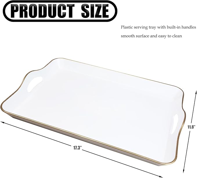 Spsyrine White Decorative Serving Tray with Handles, Elegant Plastic Coffee Table Tray for Ottoman, Living Room, Home Decor