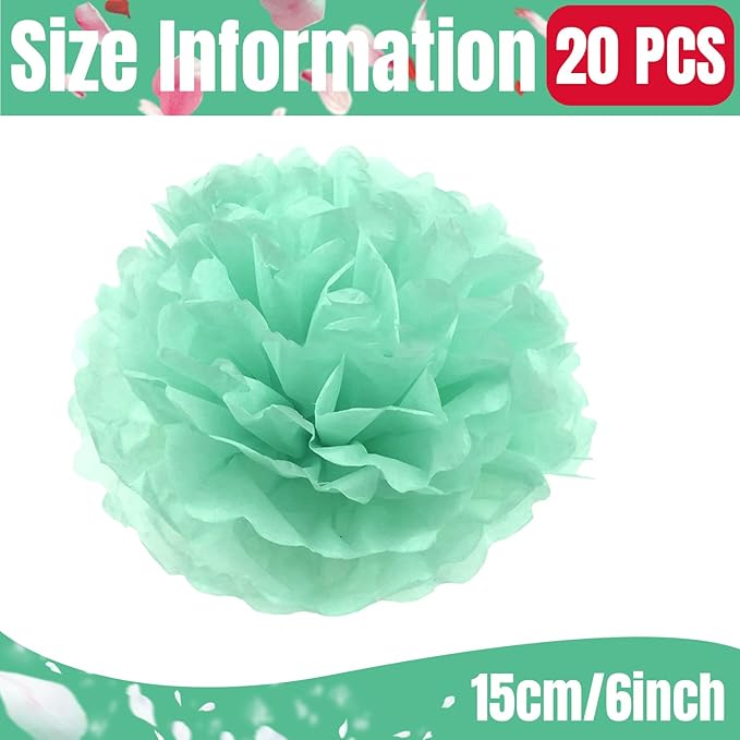 Qimoo 20pcs Mint Green Paper Pom Poms Decorations, DIY Decorative Pom-poms Flowers Ball for Party Wedding Outdoor Decoration