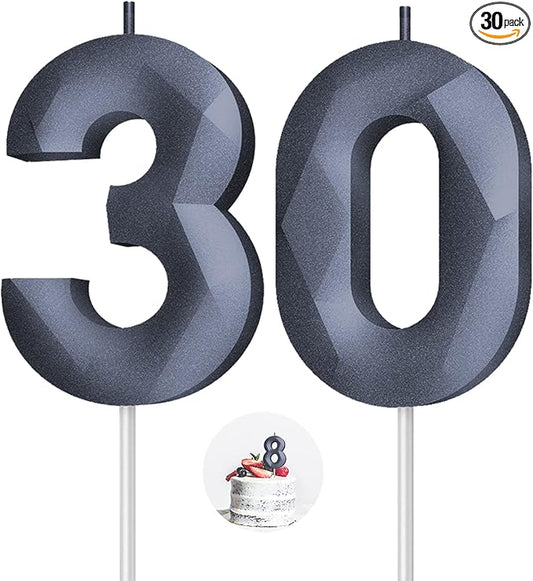 Number Birthday Candles(30 Candle Black) 3D Diamond Shape 30th Happy Birthday Cake Topper Decorations for her him Birthday Wedding Anniversary Celebration Theme Party Supplies