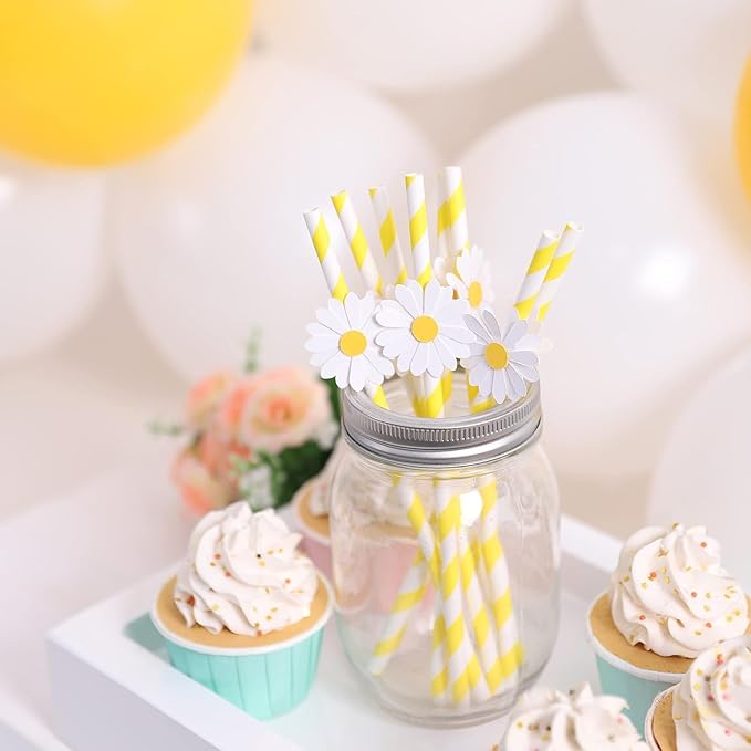Disposable Daisy Paper Straws - Floral Straws for Kids Birthday Party Supplies Daisy Decorations Bridal Shower, Daisy Baby Shower, Wedding Party, Engagement, Birthday Party 20Pcs（yellow）