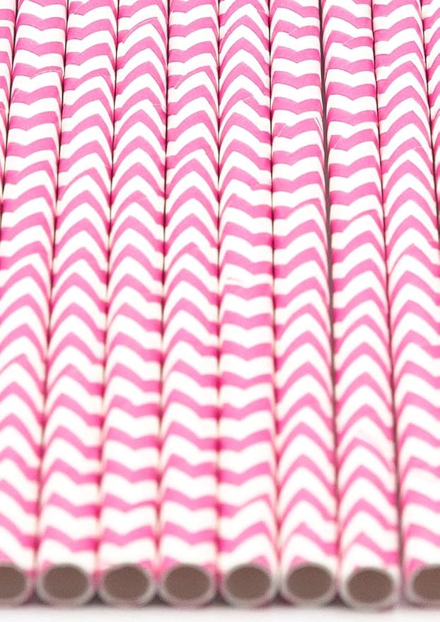 Pack of 900 Baby Pink Chevron Biodegradable 4-Ply Paper Drinking Straws (Compostable, Non-toxic, BPA-free)