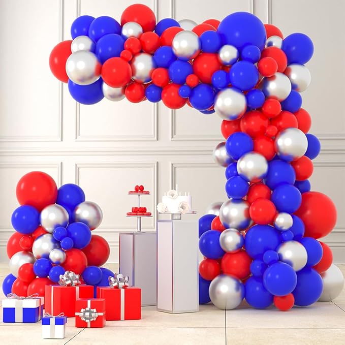 Red Blue Silver Balloon Garland Arch Kit - Red, Blue and Metallic Silver Balloons Patriotic Balloon for Birthday Wedding Anniversary 2025 Graduation Independence Day Party Decorations