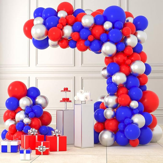 Red Blue Silver Balloon Garland Arch Kit - Red, Blue and Metallic Silver Balloons Patriotic Balloon for Birthday Wedding Anniversary 2025 Graduation Independence Day Party Decorations