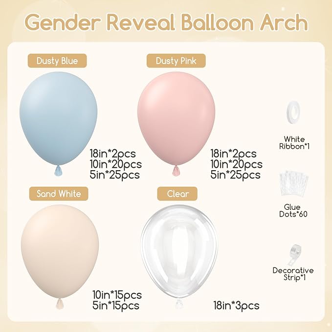 Gender Reveal Balloon Arch Kit, 130pcs Pink and Blue Balloons with Sand White Balloons for Boho Gender Reveal Birthday Baby Shower Decorations