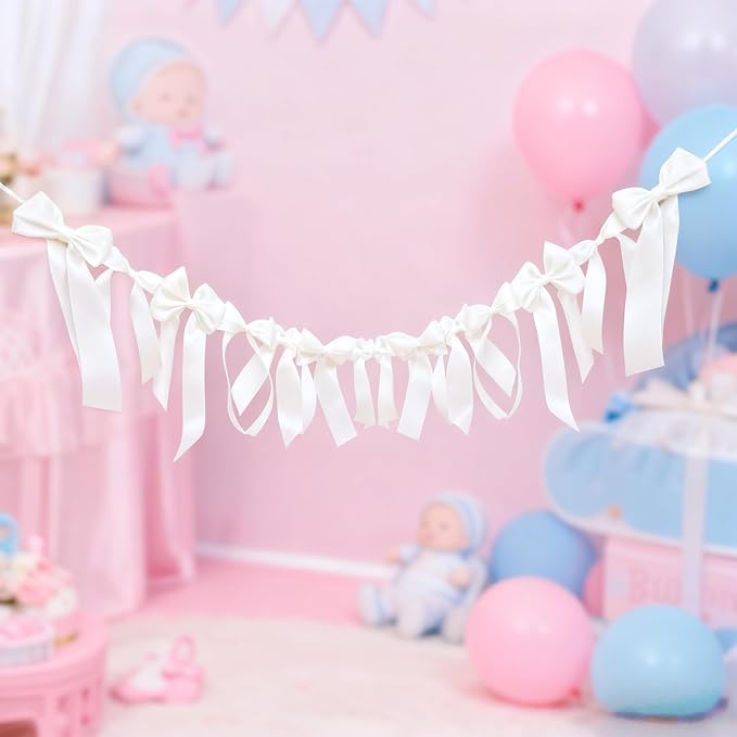 White Satin Bow Garland Banner Coquette Bachelorette Party Decor,Bridal Shower Backdrop,Wedding & Engagement Party Supplies,Birthday Decoration,Photo Booth Props(White)