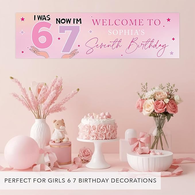 Andaz Press 13x48 Inch Custom 6 7 Birthday Banner Decorations, Personalized Birthday Banner with Custom Name, Pink 67 Happy Birthday Party Banner for Girls, Cute Backdrop for Home or Party Décor