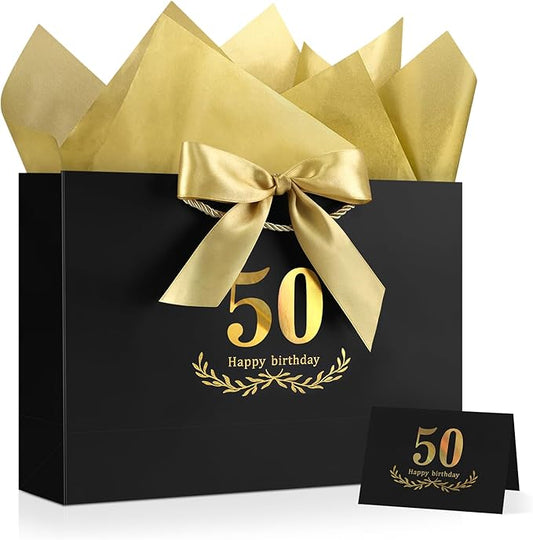 JMANNI Black Gold 50th Birthday Gift Bag with Card and Tissue Paper, 14.2"x9.8"x4.3" Large Present Bag for Men Women, 50 Year Old Birthday Keepsake Party Supplies