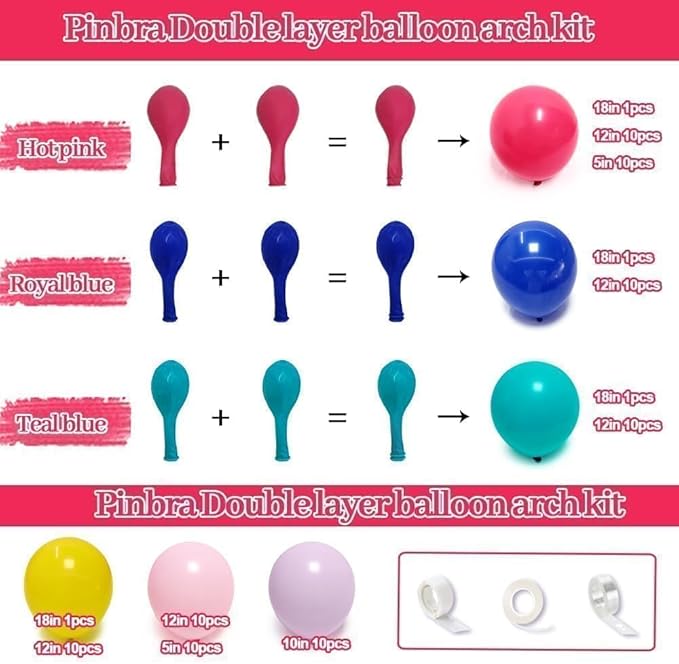 Hot Pink Blue Yellow Balloon Garland, Double Stuffed Royal Blue Teal Lavender Balloons Pastel Balloon Arch Kit for Tropical Hawaii Kid Magic Baby Shower Birthday Engagement Party Decorations