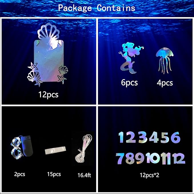 Iridescent Mermaid Photo Banner 4"x6" Jellyfish SeaShell Starfish Photograph Bunting with LED String Light for Little Mermaid Under The Sea Baby Kid Birthday Bachelorette Anniversary Party Decorations