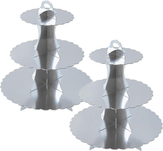 Soleebee 3-Tier Cupcake Stand, Cardboard Cupcake Tower, Dessert Cup Cake Stand Tower for Birthday Wedding Party Decoration, Cupcake Tier Stand 2 Set (Silver)
