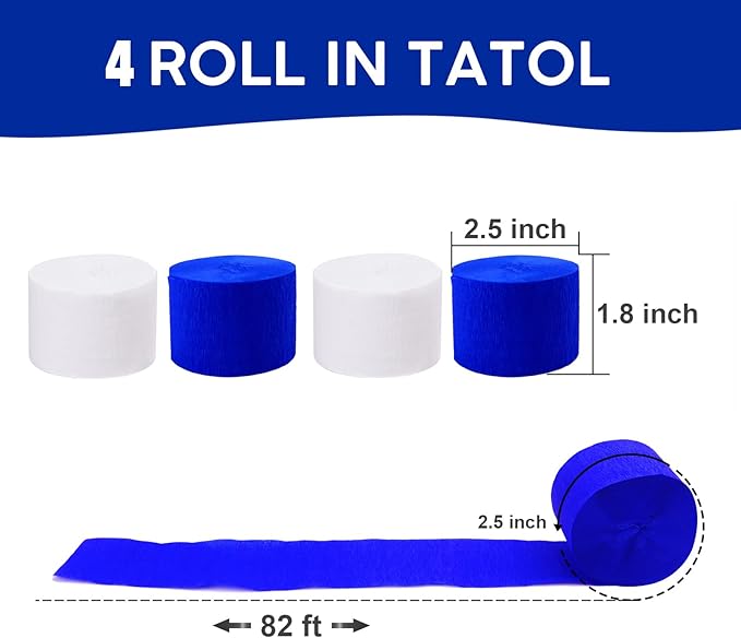 4 Rolls Crepe Paper White Royal Blue Streamers – Perfect for Streamers Party Decorations, Wedding, Birthday, Colored Decor, and DIY Craft Supplies(1.8 Inch x 82 Ft/Roll)