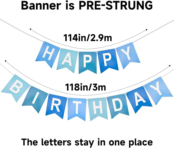 Happy Birthday Banner Birthday Party Banner NO DIY Happy Birthday Sign Pre-Strung Birthday Hanging Decoration for Women Men Girl Boy Party Supplies (Blue)