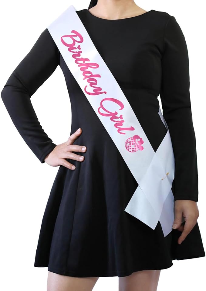 Birthday Girl Sash, Disco Cow Birthday Sash for Cowgirl Funny Birthday Gift Ideas Suppiles, White+ Pink Foil