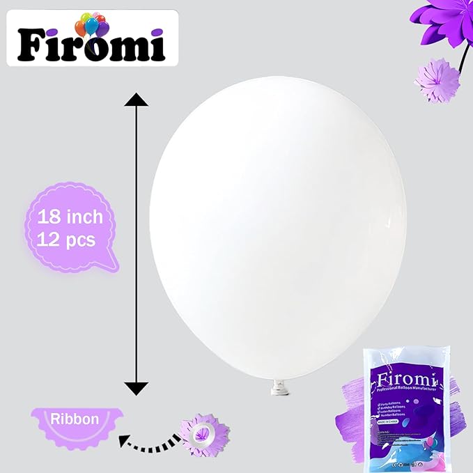 Firomi White Balloons 18-inch 12 Pack Large Thicken Helium Big Matte White Latex Balloon Round for Wedding Birthday Party (with 1 Ribbon)